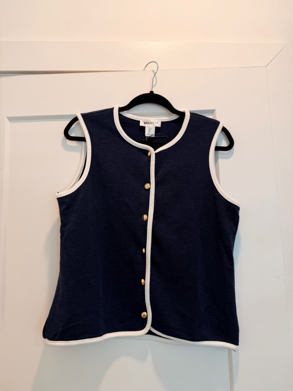 Bailey 44 Navy Knit Shell with White Trim and Gold Buttons